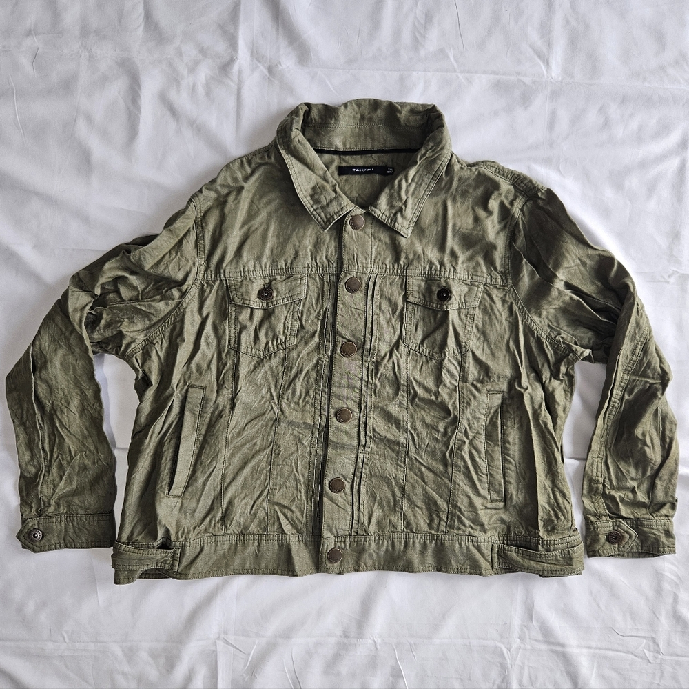 Tahari Womens XXL Olive Green Jacket Full Snap Button Pockets Lyocell FLAWS
